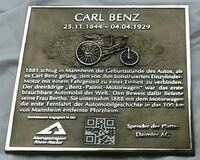 Bronzetafel mit Grafik &quot;Carl Benz&quot;, Kurpf&auml;lzer Meile der Innovationen e.V.